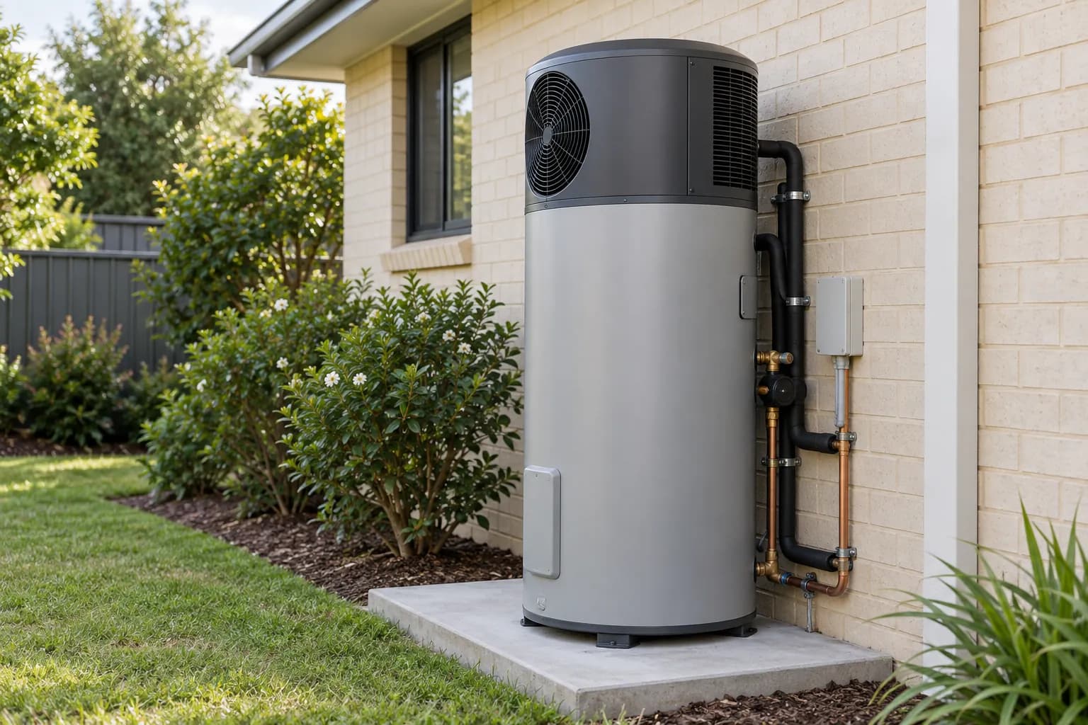 A heat-pump hot water unit beside a garden